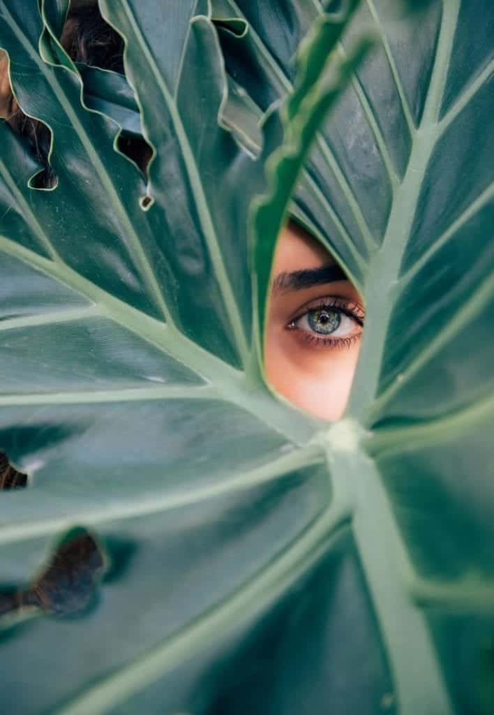 Women hiding behind a green leave meditating while creating a healthy habit.