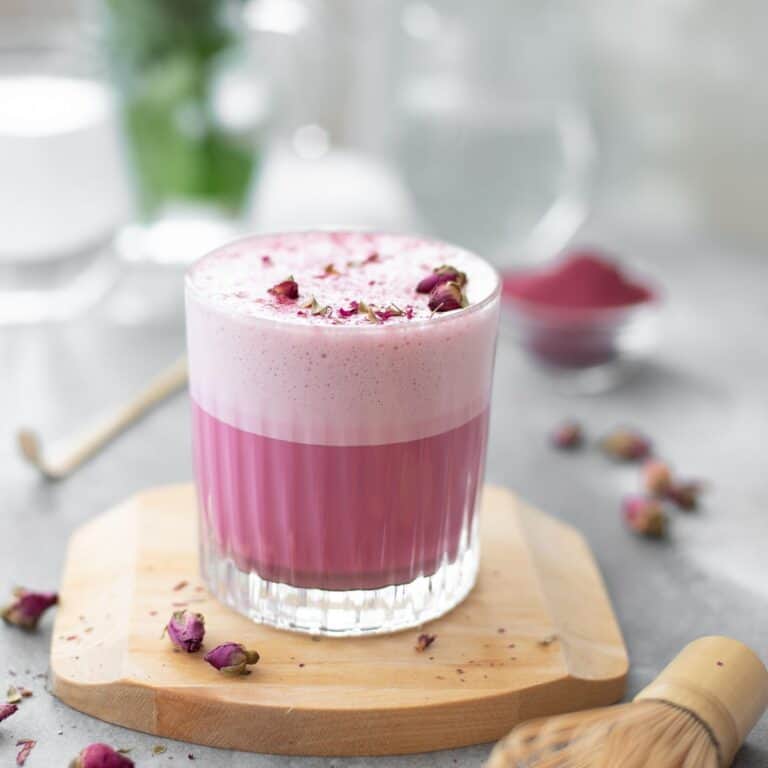 Beetroot latte made with beet powder and collagen.