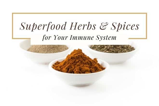 Superfood herbs and spices in white bowls, that boost your immune system