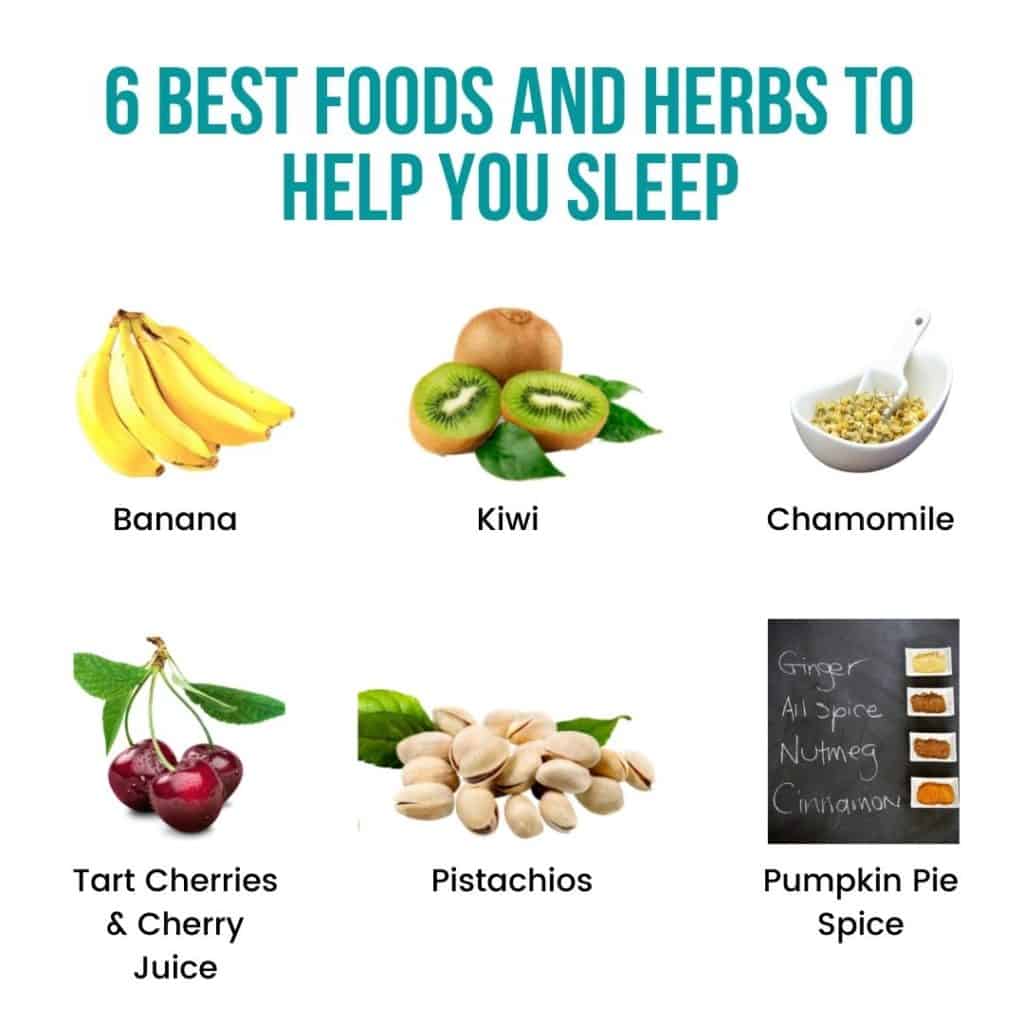 6 Best foods and herbs to help you sleep infographic by Eat Your Nutrition.