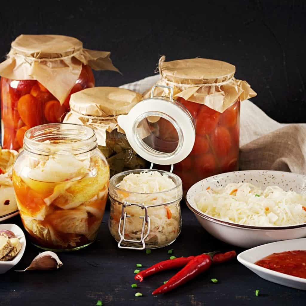 Fermented foods including kimchi and sauerkraut.