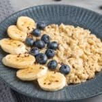 Blueberry overnight oats with flax seeds and bananas.