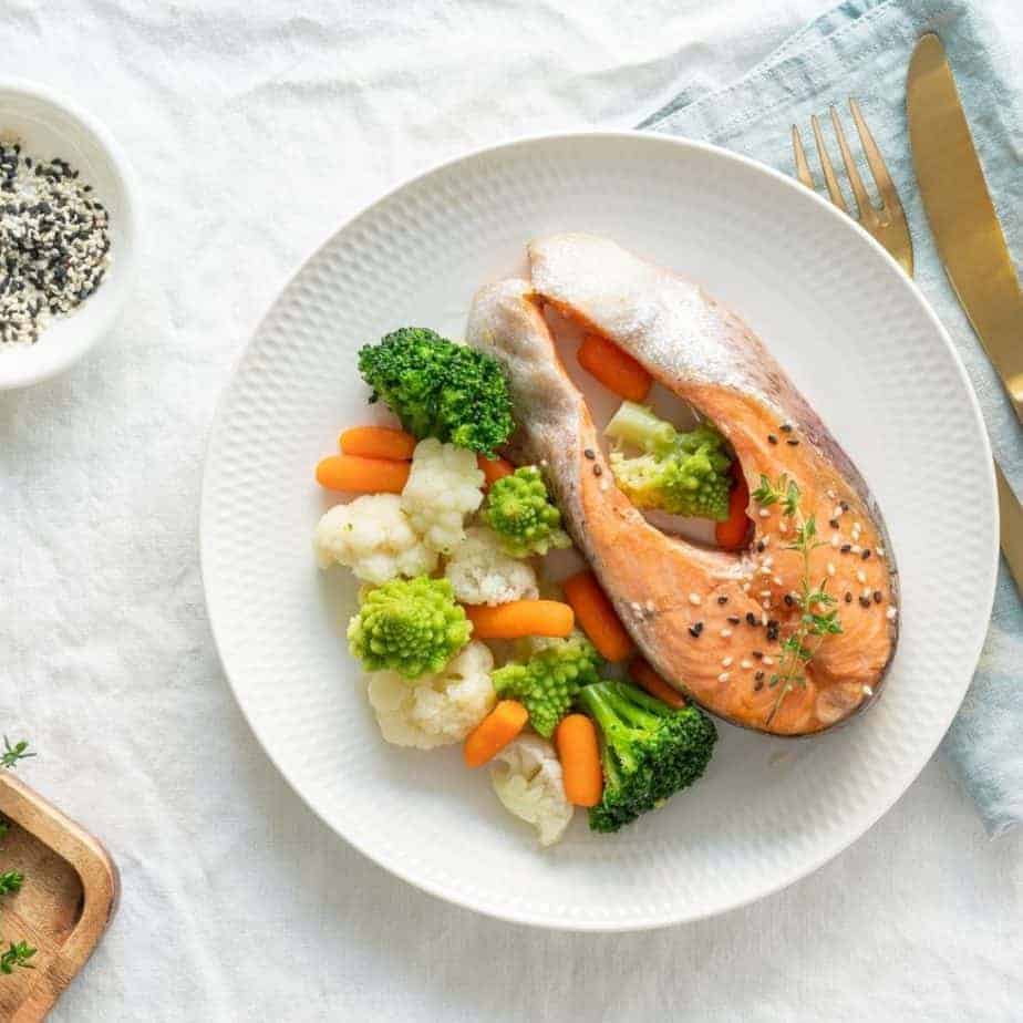 Salmon and veggies a diet in order to reduce risk of hypertension. 