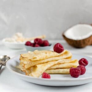 Easy Homemade Breakfast Raspberry High Protein Crepes gluten free Recipe for gut healing.