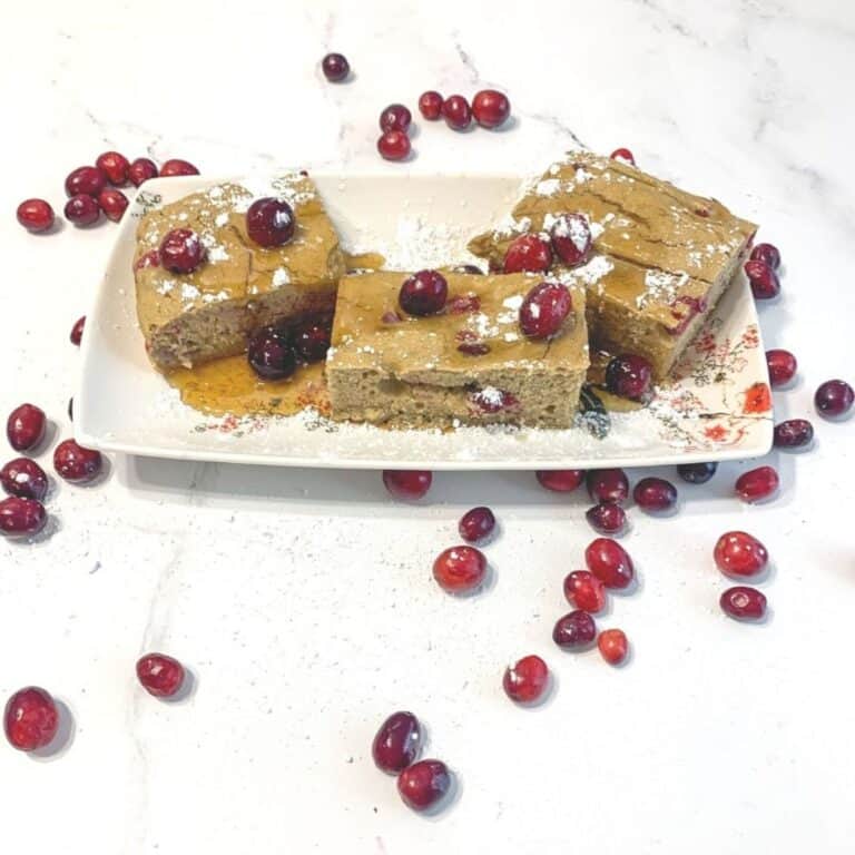 Cranberry sheet pan protein pancakes made with pumpkin.