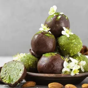 Vegan matcha coconut bliss energy balls.