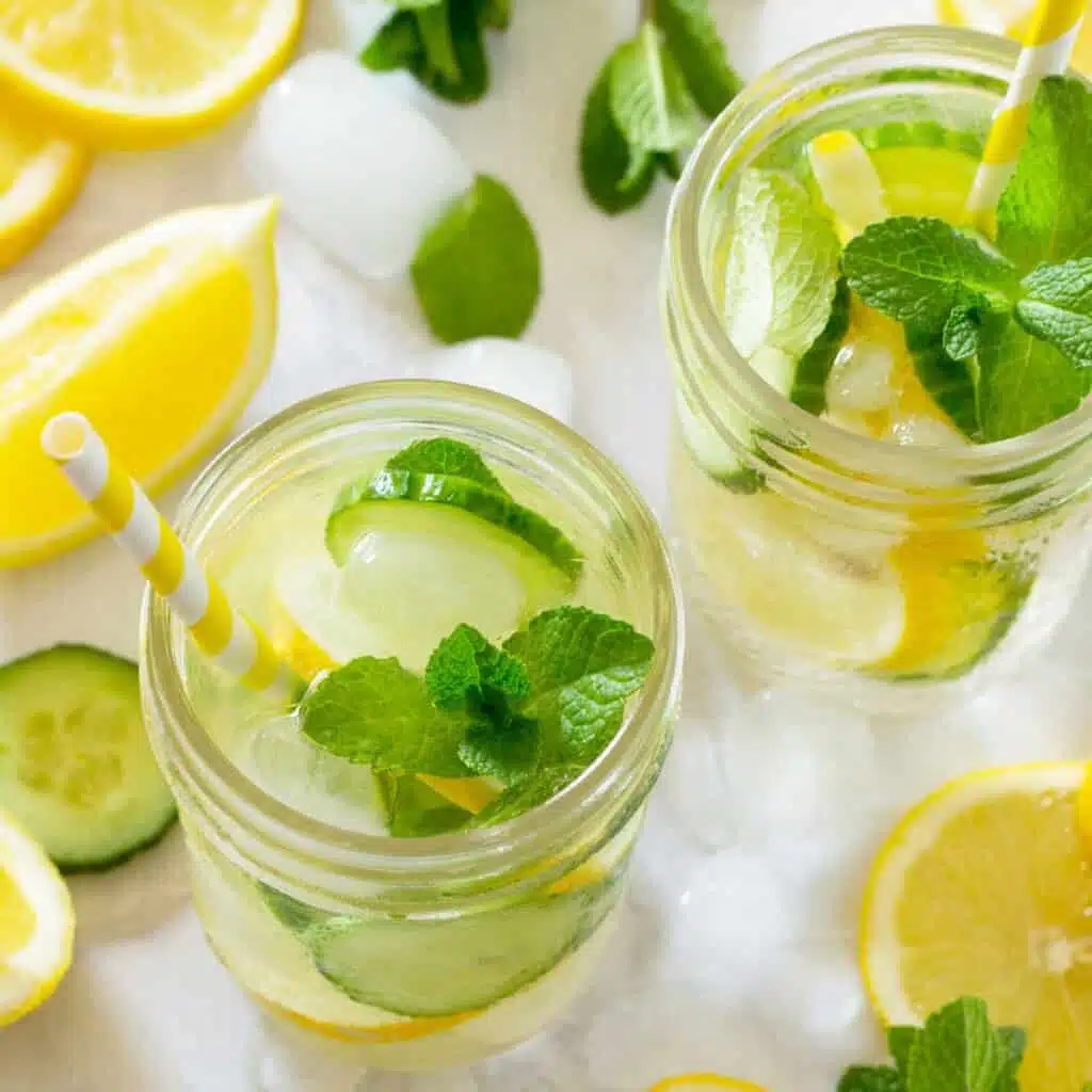 Fruit infused pretty water on a table with fresh lemons and cucumbers that are great for your skin.