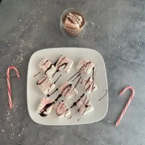 Homemade gut healthy marshmallows on a plate with candy canes and hot chocolate.