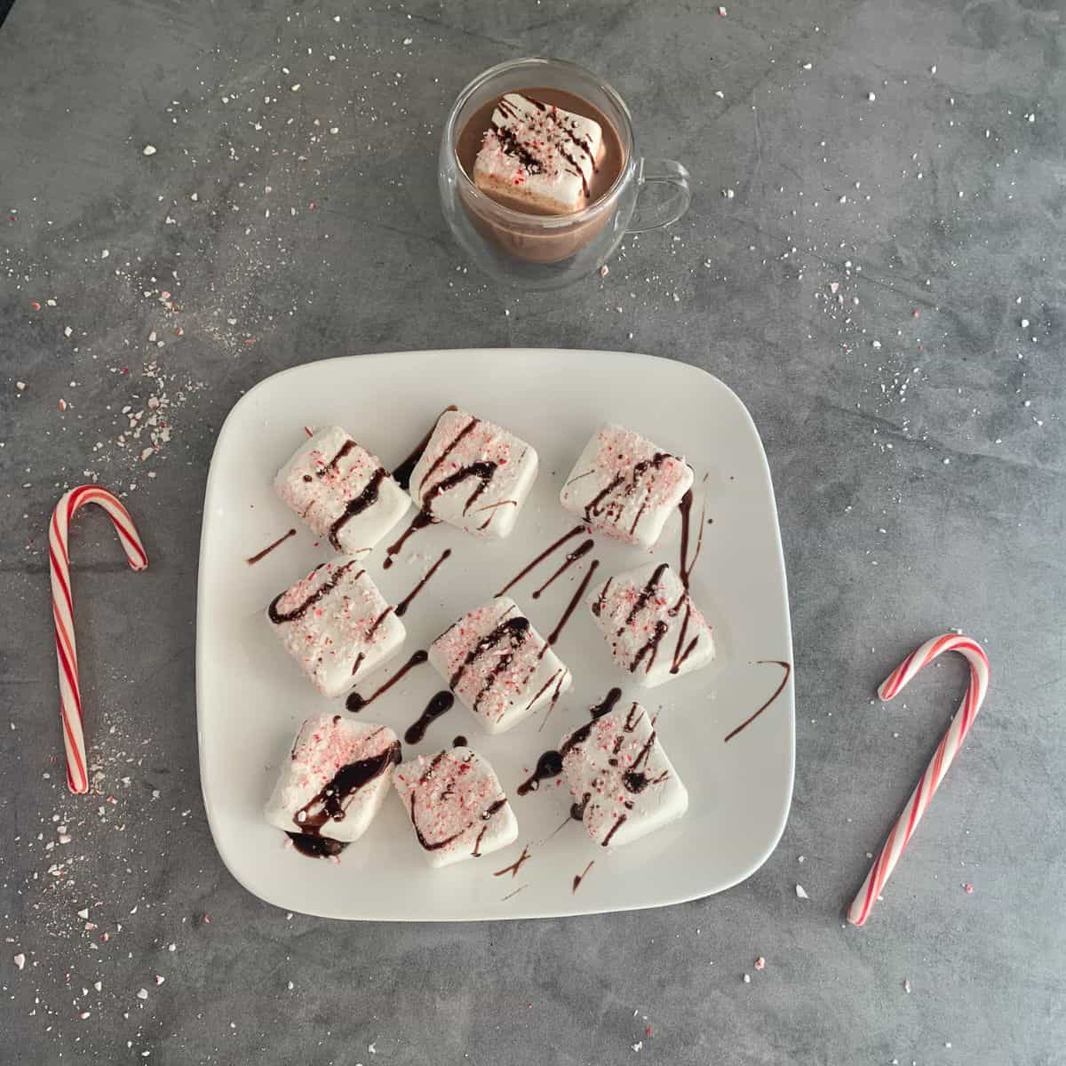 Homemade gut healthy marshmallows on a plate with candy canes and hot chocolate.
