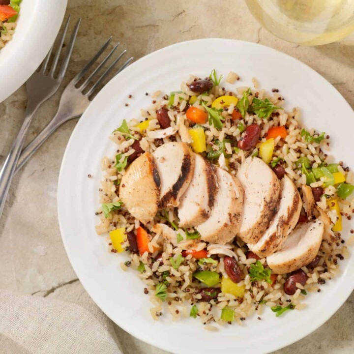 marinated grilled chicken with quinoa and brown rice salad