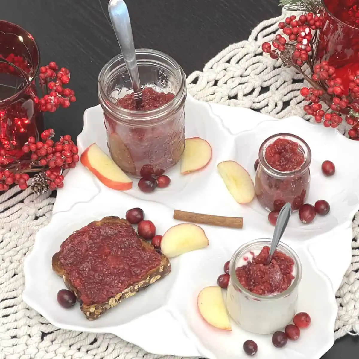 Different ways to serve cranberry apple chia seed jam.