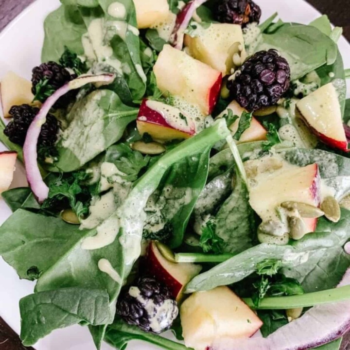 superfood salad with cilantro tahini dressing
