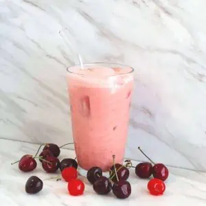 Simple to make cherry vanilla collagen iced latte recipe.