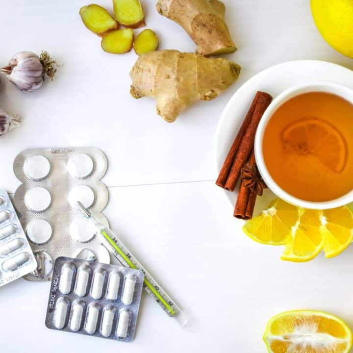 Easy dietary changes to help treat common head cold naturally with garlic, avoid dairy, add in ginger, cinnamon, and honey tea drink.