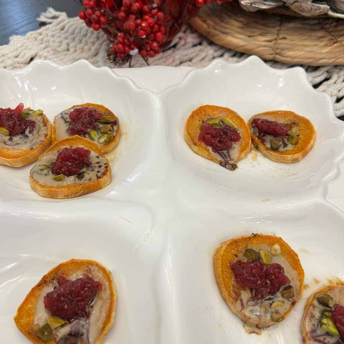 Easy vegan sweet potato bites on plate for Thanksgiving appetizer.