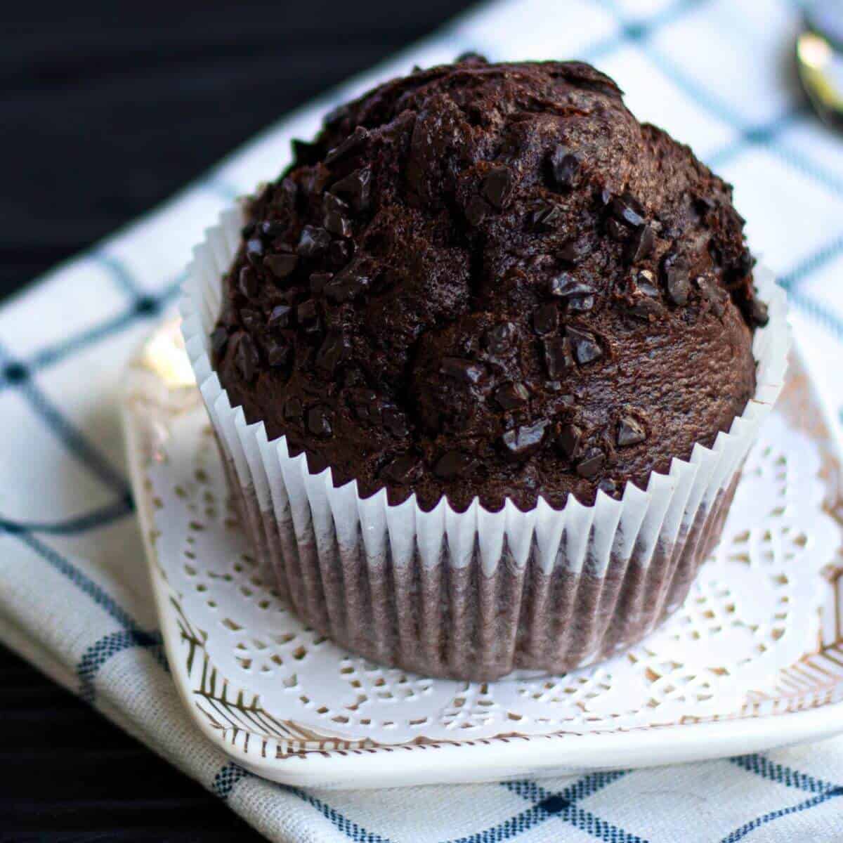 Healthy gluten free chocolate muffin on a plate