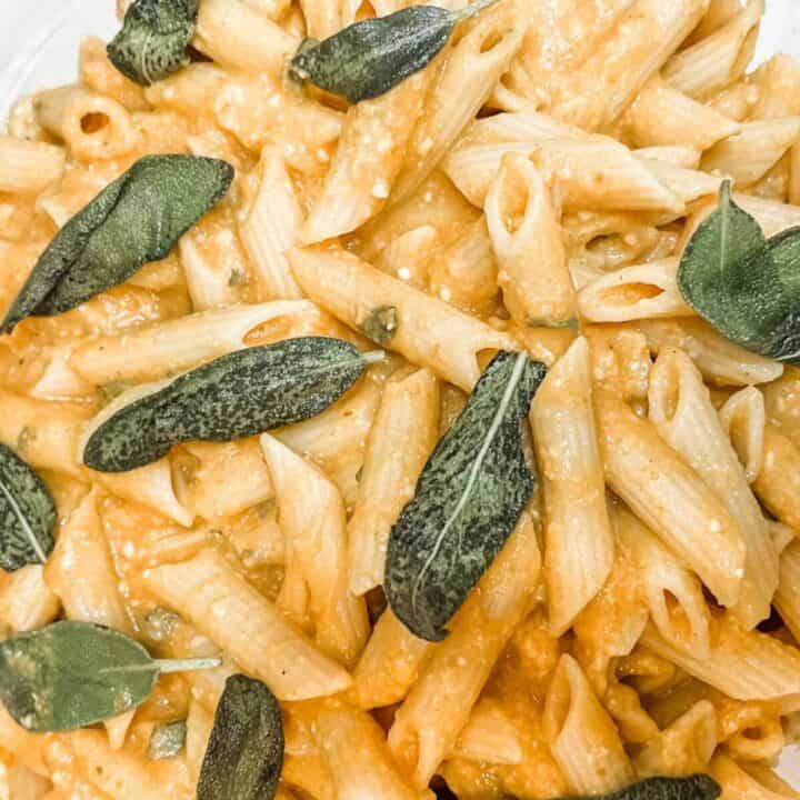 Vegan pumpkin pasta recipe with crispy sage leaves