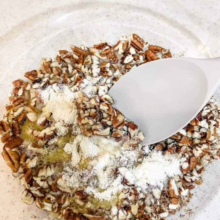 Stir together pecan pie ingredients in mixing bowl.