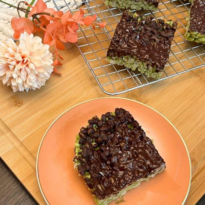 Homemade gluten free matcha chocolate rice krispies treats