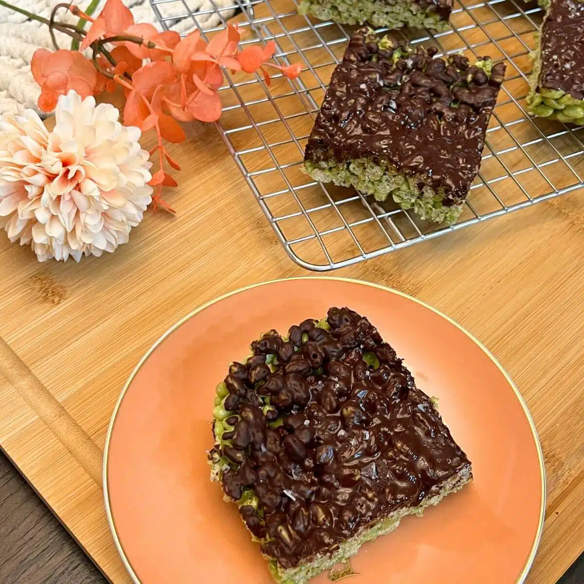 Homemade gluten free matcha chocolate rice krispies treats