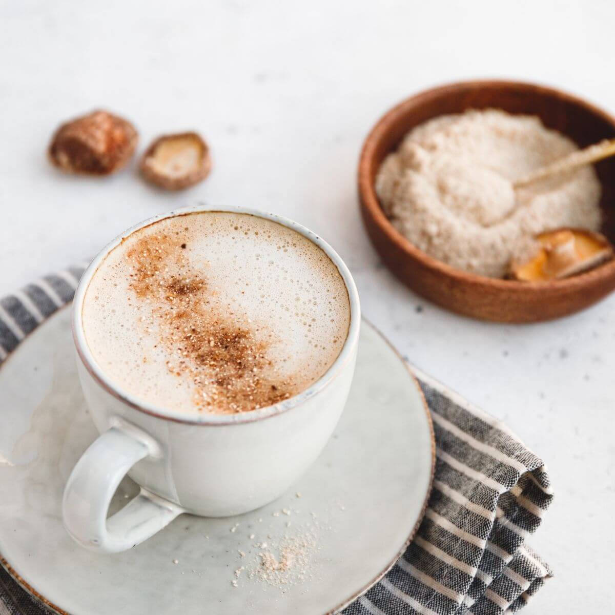 chai spiced shiitake mushroom latte with ashwagandha, gut friendly adaptogenic