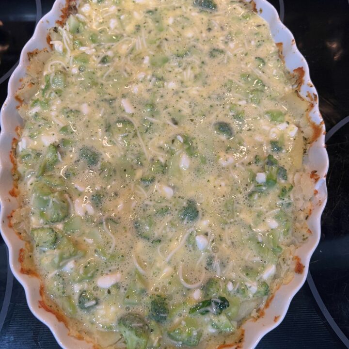 Pour the filling mixture evenly over the smashed potato crust. Sprinkle parmesan on top if using.