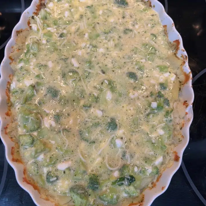 Pour the filling mixture evenly over the smashed potato crust. Sprinkle parmesan on top if using.